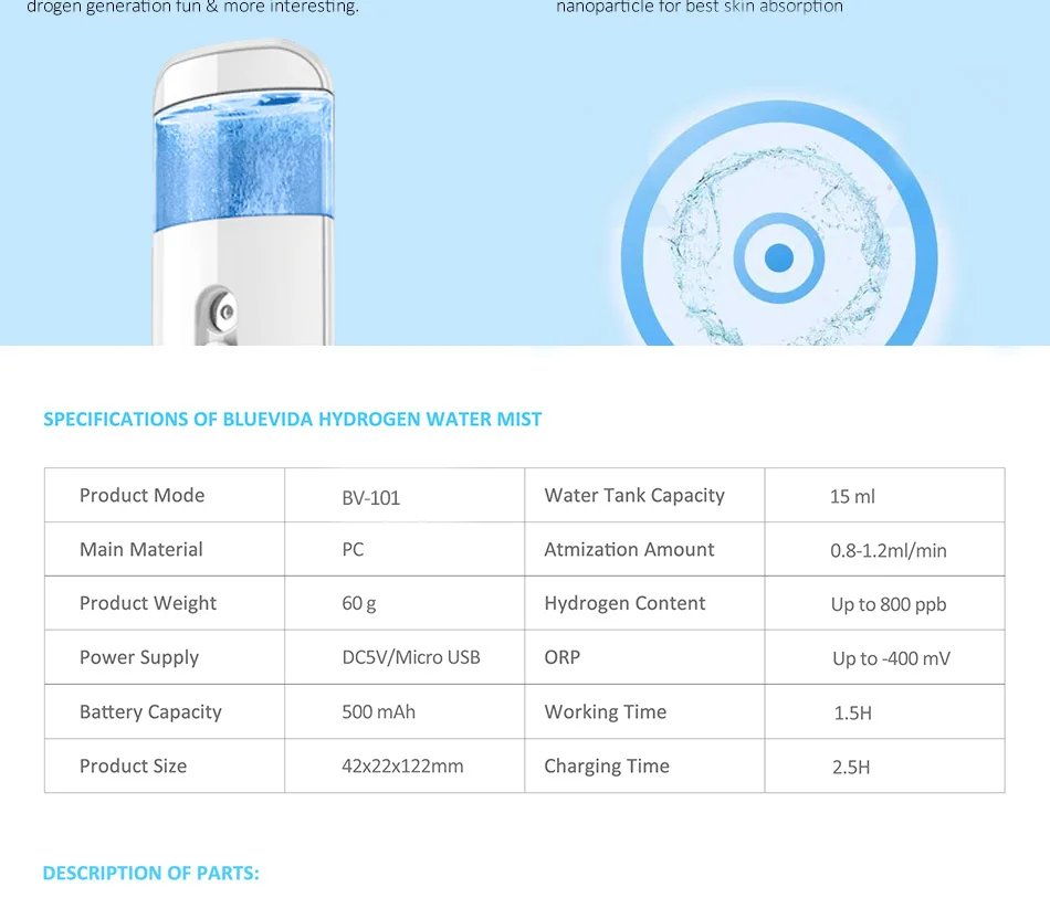 High Hydrogen Max 800ppb Hydrogen Rich Water Mister  Super Anti-oxidant ORP Portable & Easy Operation Hydrogen Water Sprayer