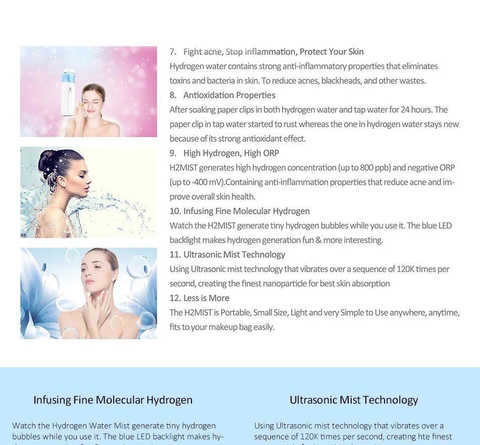 High Hydrogen Max 800ppb Hydrogen Rich Water Mister  Super Anti-oxidant ORP Portable & Easy Operation Hydrogen Water Sprayer