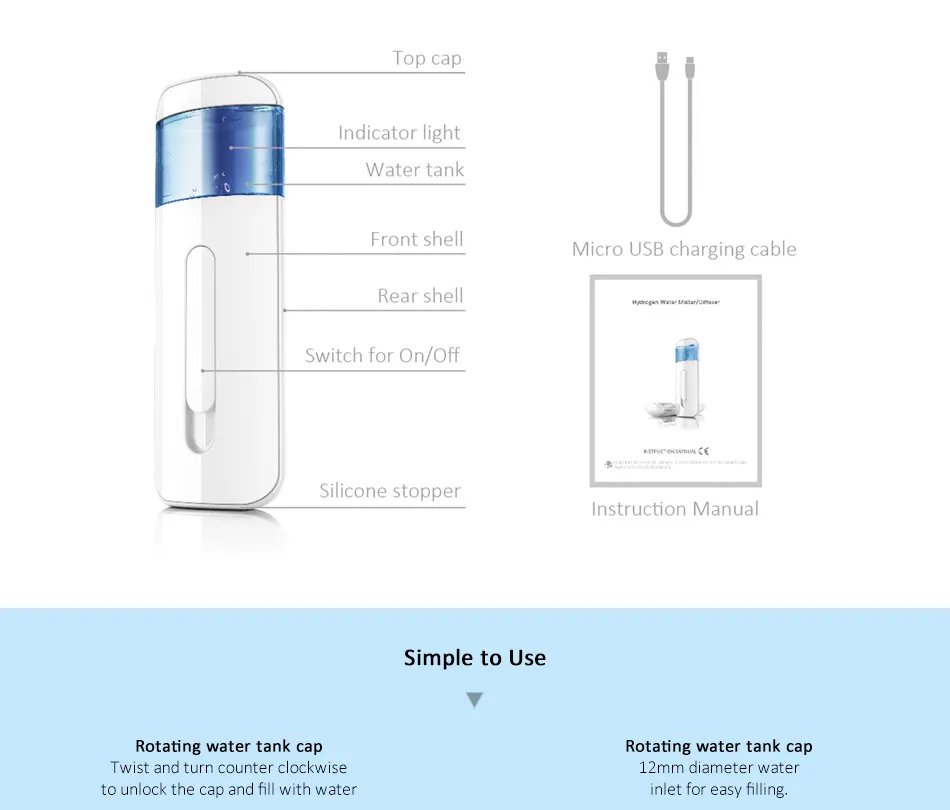 High Hydrogen Max 800ppb Hydrogen Rich Water Mister  Super Anti-oxidant ORP Portable & Easy Operation Hydrogen Water Sprayer